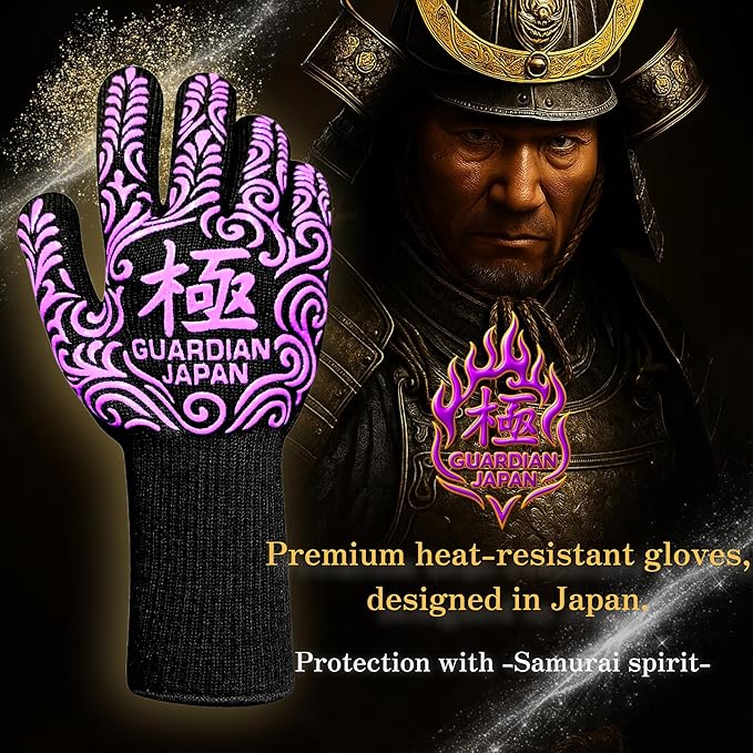 Premium Heat Resistant BBQ Gloves – Fireproof 1472°F Aramid Grill Mitts for Barbecue, Smoker, Campfire, Fire Pit, Oven, Japanese Supervised Design (極-KIWAMI-Purple, M)