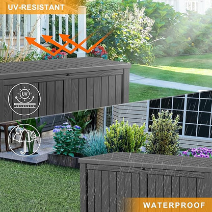 ROJIK 150 Gallon Deck Box Outdoor, Waterproof Outdoor Storage Boxes with Lids, Outside Resin Lockable Storage Box for Patio Cushions, Garden Tools(Black)