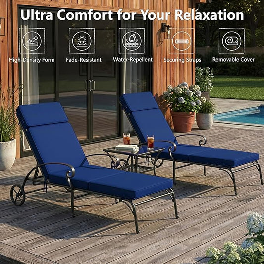 80 x 26 Inch Outdoor Chaise Lounge Cushions Set of 2 - Removable Cover, 4-Section Design, Water-Repellent & Fade-Resistant, 6 Tie Straps, Replacement for Patio & Pool Chairs - Navy