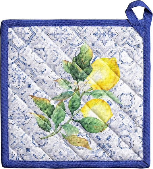 Maison d' Hermine Pot Holders 100% Cotton Heat Resistant Potholders 8" x 8" Hot Pads with Loop BBQ Cooking Baking Hotel Farmhouse Kitchen Handling Hot Pans Spring Summer (Pack of 1, Citrus)