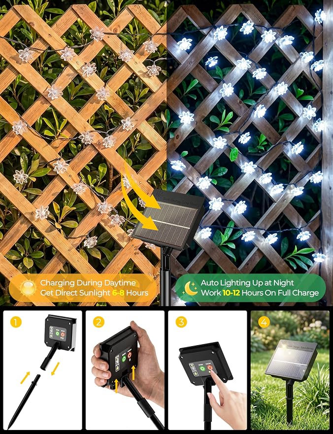 Brightown 50 LED Pure White Solar Flower String Lights Outdoor Waterproof, 23FT Solar Powered Fairy Lights with 8 Modes for Garden Yard Fence Patio Christmas Balcony Holiday Party Decor