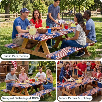 Picnic Table Cover with Bench Covers Windproof Waterproof Picnic Table Covers Camping Tablecloth with Self-Storage Bag, 72in, Multi Flag Patchwork
