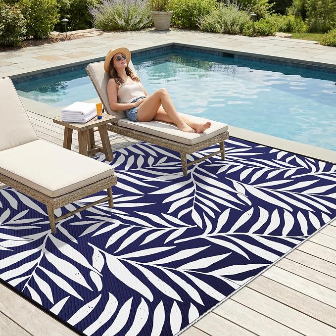 Smiry Outdoor Rug 8x10 ft Waterproof Reversible Leaf Mat, Navy & White | Polypropylene Plastic Straw, Quick Drying, Lightweight Foldable, for Patio, Deck, RV Camping, Backyard and Indoor Outdoor Use