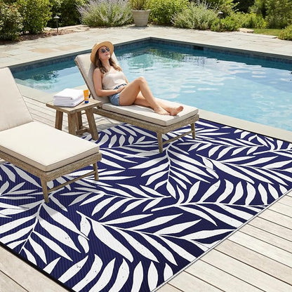 Smiry Outdoor Rug 8x10 ft Waterproof Reversible Leaf Mat, Navy & White | Polypropylene Plastic Straw, Quick Drying, Lightweight Foldable, for Patio, Deck, RV Camping, Backyard and Indoor Outdoor Use