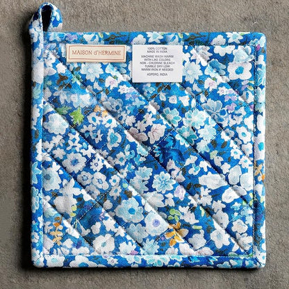 Maison d' Hermine Pot Holders 100% Cotton Heat Resistant Potholders 8" x 8" Hot Pads with Loop BBQ Cooking Baking Hotel Farmhouse Kitchen Handling Hot Pans Spring Summer (Pack of 2, Summer Blues)