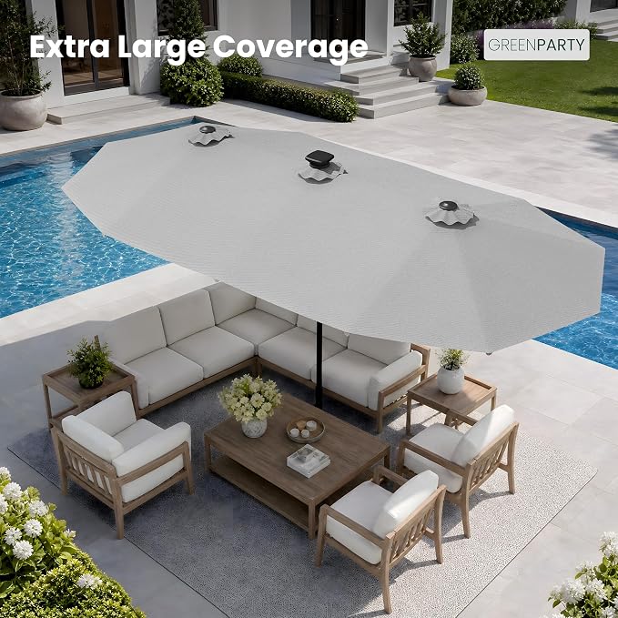 GREEN PARTY 13ft Patio Umbrella with Led Lights, Rectangle Outdoor Umbrella | 12-Mode Solar Lights, Double-Sided Rectangular table Umbrella, Large Shade for Backyard Deck Poolside, Grey(No Base)