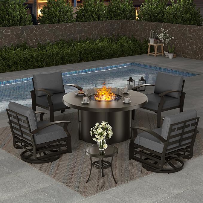 ALAULM Aluminum Patio Furniture Set with Coffee Table Rectangular, 5-seat Outdoor Sectional Furniture w/2 Swivel Chairs, Patio Conversation Set for Porch, Backyard, Poolside-Grey