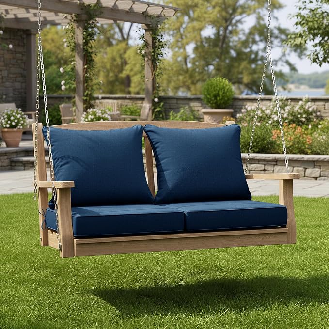 Summsun Outdoor Chair Cushions, Faux Linen Backrest and Seat Cushion Set for Patio Furniture with Weather Resistant Removable Cover, Straps, Non-Slip Bottom, 19 x 19 Inch, Navy, Set of 2