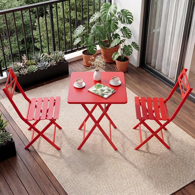 Garvee 3PCS Bistro Set, Folding Patio Furniture Set w/ 2 Chairs,Solid Steel | Foldable space-saving bistro set, fully pre-assembled for instant use. Powder-coated weatherproof steel frame. Easy-clean