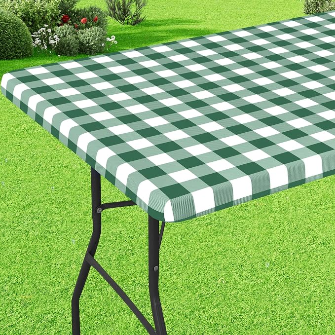 Buffalo Rectangle Picnic Tablecloth, 6 Foot Elastic Fitted Vinyl Table Cloth with Flannel Backing, Waterproof Plaid Table Cover for Dining, Camping, Outdoor (Emerald Green and White, 30" x 72")