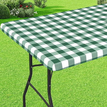 Buffalo Rectangle Picnic Tablecloth, 8 Foot Elastic Fitted Vinyl Table Cloth with Flannel Backing, Waterproof Plaid Table Cover for Dining, Camping, Outdoor (Emerald Green and White, 30" x 96")
