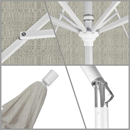 California Umbrella 9' Round Aluminum Market Umbrella, Crank Lift, Collar Tilt, White Pole, Woven Granite Olefin