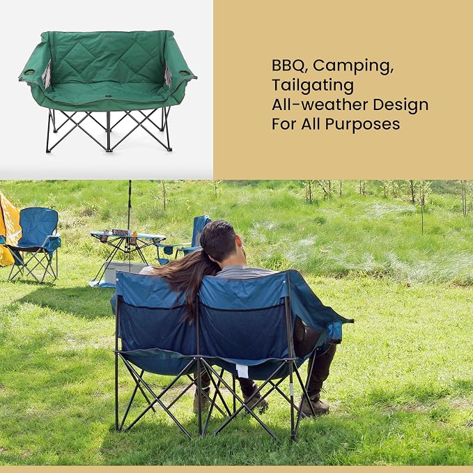 ARROWHEAD OUTDOOR Portable Folding Double Duo Camping Chair Loveseat | 2 Cup & Wine Glass Holder, Carrying Bag, Supports up to 500lbs, Beach, Tailgating, Fishing, Patio, Hunting, Backyard, Picnic