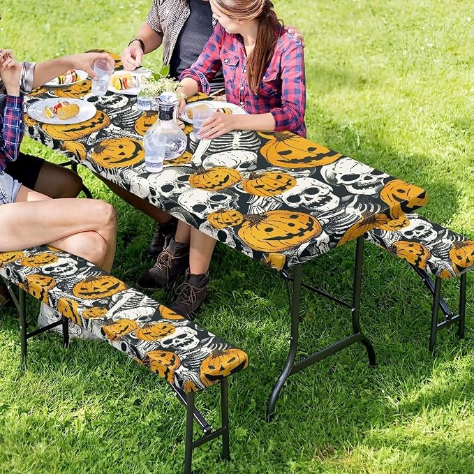 Halloween Pumpkin Skull Elastic Picnic Table Cover with Bench Covers Camping Table Cloth for Picnic Table 3 PCS Set Size S/L