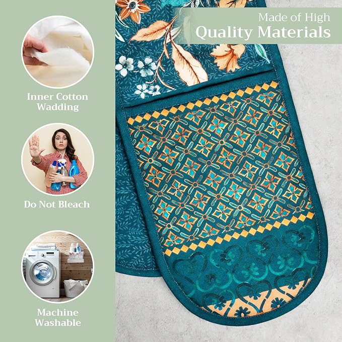 Maison d' Hermine Double Oven Mitts 100% Cotton Double Oven Glove (7"x35") | Heat Resistant BBQ Cooking Gloves with Loop Baking Kitchen Home Farmhouse Thanksgiving Christmas - Luxury Loft - Dark Teal