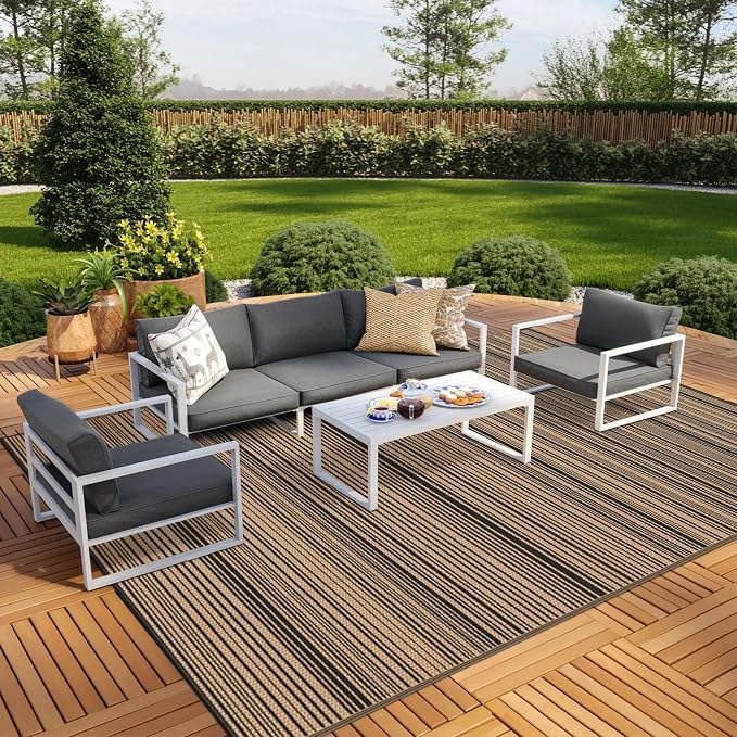 GENIMO Outdoor Rug, Waterproof Plastic Rugs for Patio, 10'x14' Light Brown | Outside Larger Modern Carpet Mat for Patio Decor, RV, Porch, Camper, Deck, Picnic, Beach, Backyard, Reversible, Foldable