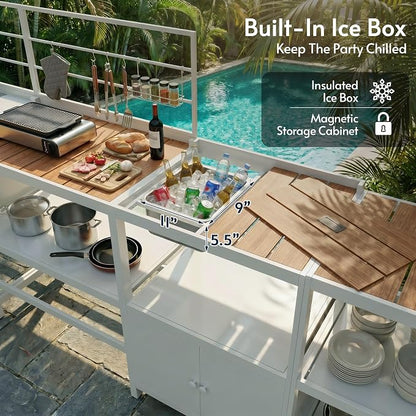 Modular Outdoor Kitchen Island with Sink, 4Pcs Aluminum Outdoor Kitchen Kit | Aluminum Frame, Weatherproof, Modular Grill Cart & Ice box, Large Countertop & Wall Hanging Design, For Patio BBQ, Party