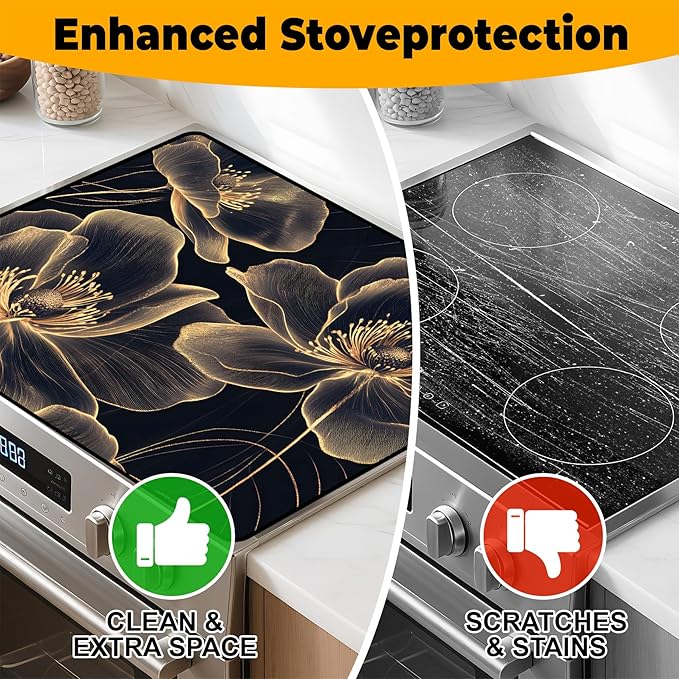 Stove Top Cover Retro Flower Gas Stove Top Cover for Home Decoration Kitchen Pad Non-Stick Washable Cooktop Covers Countertop Protector Keep Stove Clean 28"x20" (Golden border flower)