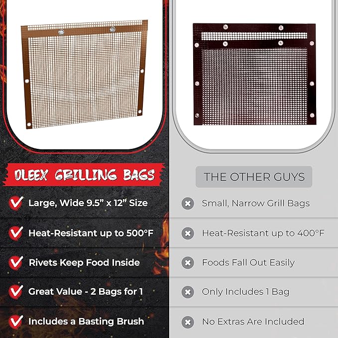 Oleex Non-Stick Large BBQ Grilling Bags Copper Color + Basting Brush - Reusable PTFE Mesh Indoor Outdoor Charcoal Barbecue Grill Bag Accessories, Heat-Resistant Up to 500 F, Dishwasher-Safe