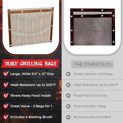 Oleex Non-Stick Large BBQ Grilling Bags Copper Color + Basting Brush - Reusable PTFE Mesh Indoor Outdoor Charcoal Barbecue Grill Bag Accessories, Heat-Resistant Up to 500 F, Dishwasher-Safe