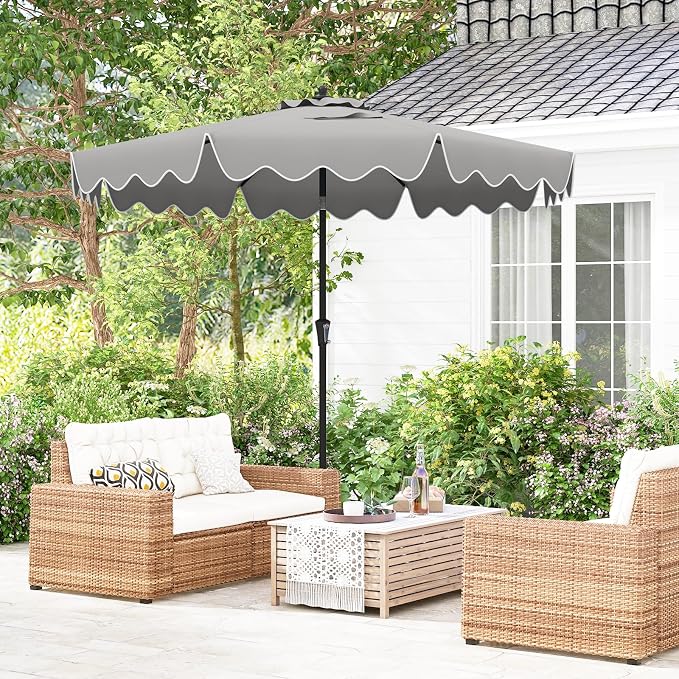 Tangkula 9Ft Patio Umbrella with Crank, 2-Tier Outdoor Umbrella with Push Button Tilt, Sun-Protective Canopy, 8 Ribs, Scalloped Patio Umbrella for Outdoor Beach Deck Pool Table (Gray)