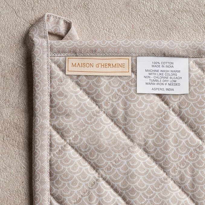 Maison d' Hermine 100% Cotton Oven Mitt & Pot Holder Set (7.5"x13" & 8"x8") Heat Resistant BBQ Cooking Gloves with Loop Baking Grilling Kitchen Hotel Home Farmhouse Spring Summer (Ibiza - Beige)