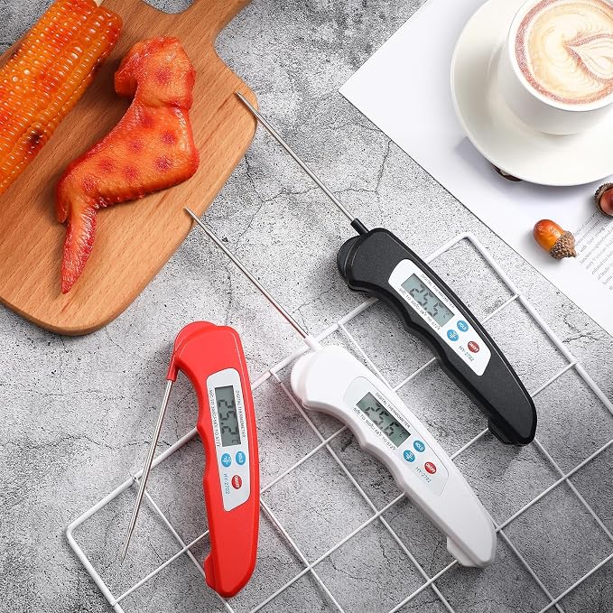 Xuhal 12 Pcs Digital Meat Thermometer with Probe Waterproof Instant Read Foldable Food Thermometer with Magnet for Kitchen Grilling Cooking Turkey Baking BBQ(Black, Red, White)