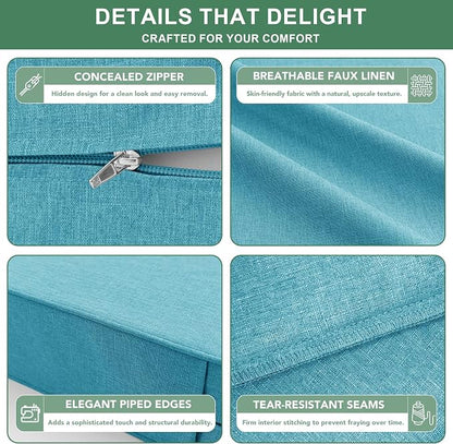 Summsun Faux Linen Outdoor Chair Cushions, Water Resistant Backrest and Deep Seat Cushion Set with Removable Cover, Straps, Non-Slip Bottom for Patio Furniture, 24 x 24 Inch, Teal, Set of 2