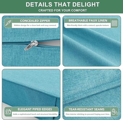 Summsun Faux Linen Outdoor Chair Cushions, Water Resistant Backrest and Deep Seat Cushion Set with Removable Cover, Straps, Non-Slip Bottom for Patio Furniture, 22 x 22 Inch, Teal