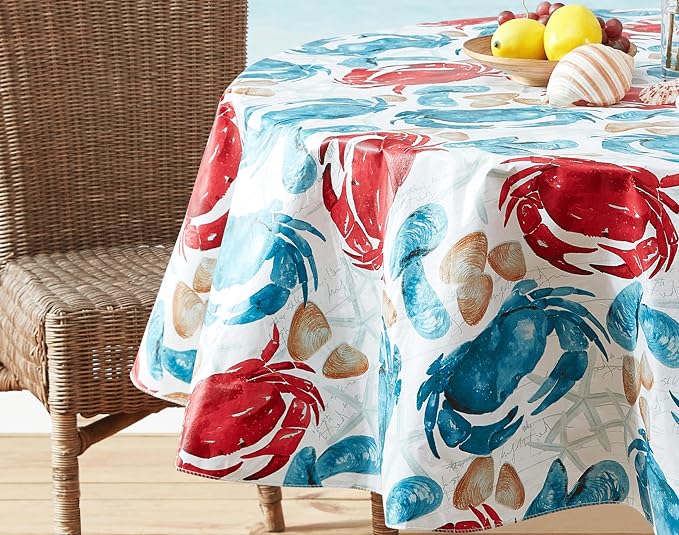 Newbridge Stone Crab Summer Vinyl Flannel Backed Tablecloth, 70 Inch Round, Coastal Crab Print, Waterproof Indoor Outdoor Table Cover, Beach House Nautical Seafood Boil Patio Dining
