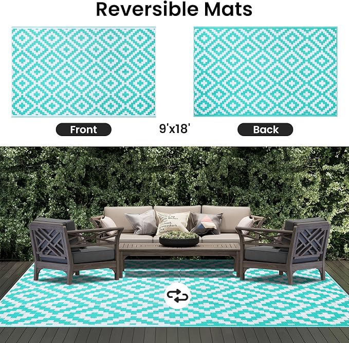 Smiry Outdoor Rug 9x18 ft Waterproof Reversible Boho Mat, White & Teal | Polypropylene Plastic Straw, Quick Drying, Lightweight Foldable, for Patio, Deck, RV Camping, Backyard and Indoor Outdoor Use
