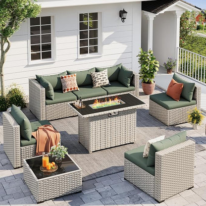 UDPATIO Patio Furniture Set with Fire Pit Table, 8 Pcs Outdoor Sectional Sofa, PE Wicker Patio Conversation Set for Garden, Backyard (Green Cushions with Light Grey Rattan)