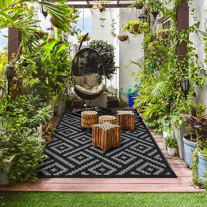 GENIMO Outdoor Rug, Waterproof Plastic Rugs for Patio, 6'x9' Black Grey | Outside Larger Modern Carpet Mat for Porch Decor, Deck, Balcony, Camping, RV, Backyard, Picnic, Beach, Reversible, Foldable