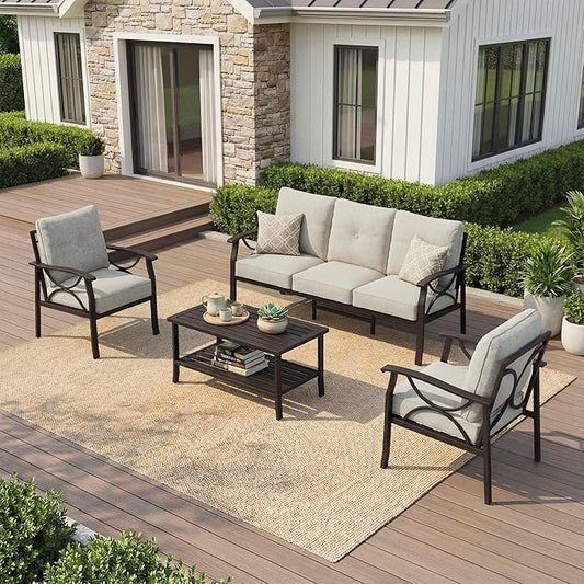 RoyalCraft Outdoor Patio Furniture Set, 5 Seats Outdoor Patio Set with 4" Thick Cushion, All-Weather Metal Patio Sofa with Coffee Table, Outdoor Sectional Furniture for Porch Backyard, Khaki&Beige