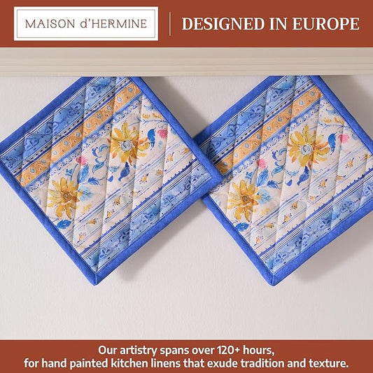 Maison d' Hermine Pot Holders 100% Cotton Heat Resistant Potholders 8" x 8" Hot Pads with Loop BBQ Cooking Baking Hotel Farmhouse Kitchen Handling Hot Pans Spring Summer (Pack of 2, Girassol)