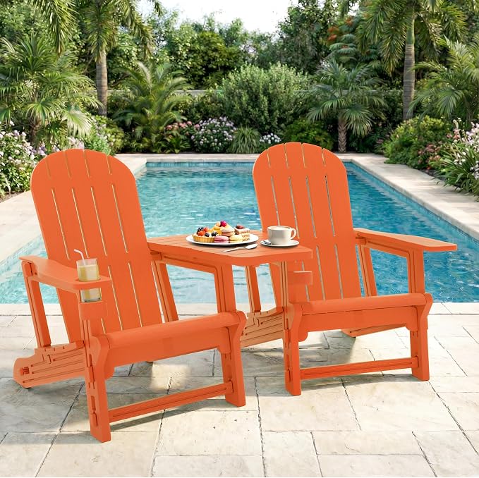 Shintenchi Adirondack Chairs Set of 2,HDPE Adirondack Chairs w/Removable Tablelop & Umbrella Hole,All-Weather Wooden Textured Plastic Outdoor Chairs w/Cup Holders for Garden Backyard Pool,Orange