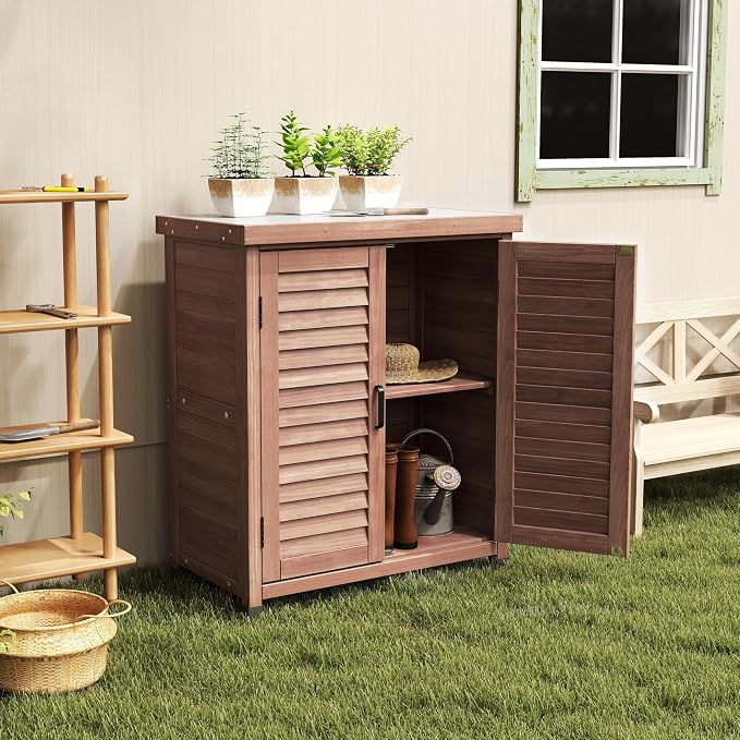 KEIKI Potting Bench with Storage Cabinet and Metal Table Top for Outdoor Patio Weatherproof Garden Workstation