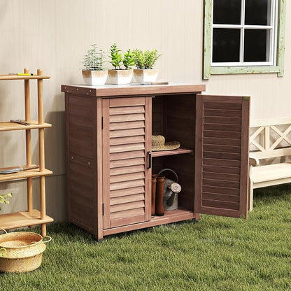 KEIKI Potting Bench with Storage Cabinet and Metal Table Top for Outdoor Patio Weatherproof Garden Workstation