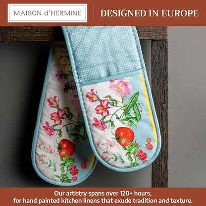 Maison d' Hermine Double Oven Mitts 100% Cotton Double Oven Glove (7"x35") | Heat Resistant BBQ Cooking Gloves with Loop Baking Grilling Kitchen Hotel Home Farmhouse Spring Summer - Giverny