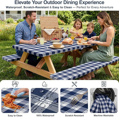 Picnic Table Cover with Bench Covers Windproof Waterproof Picnic Table Covers Camping Tablecloth with Self-Storage Bag, 72in, Blue