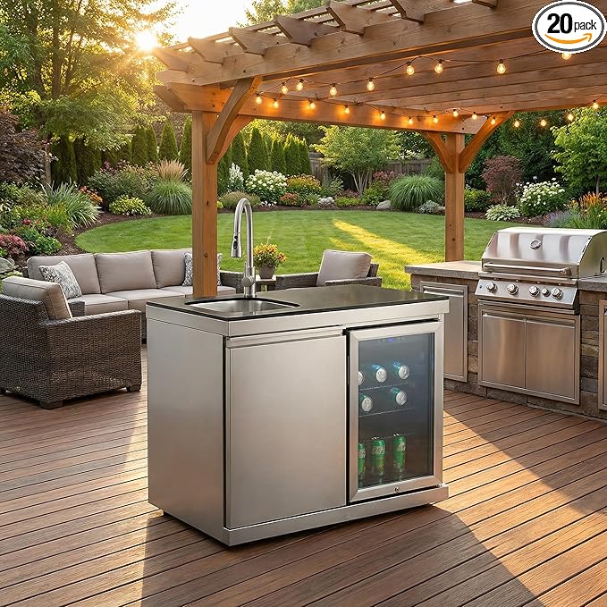 Outdoor Grills & Smokers, Portable Camping Charcoal Grill Cooking Barbecue, 6-Burner 75300 BTU, SS304 with Sink, Wine Cooler, Refrigerator, Granite Countertops & Rotisserie Kit,A3