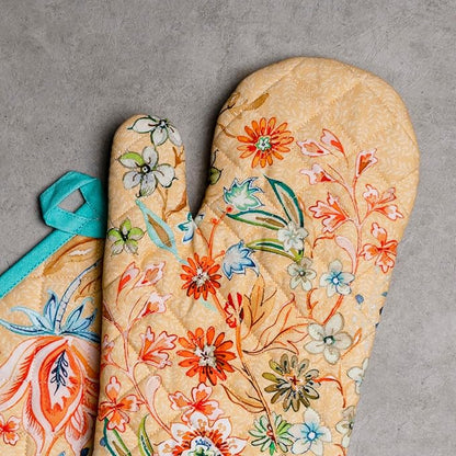 Maison d' Hermine 100% Cotton Oven Mitt & Pot Holder Set (7.5"x13" & 8"x8") Heat Resistant BBQ Cooking Gloves with Loop Baking Grilling Kitchen Hotel Home Farmhouse Spring Summer (Luxury Loft - Peach)