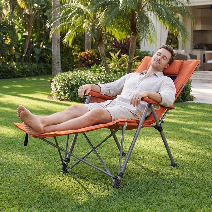Adjustable Folding Beach Chair, Portable Camping Chair for Adults with Footrest, Reclining Outdoor Chair with Cup Holder & Pocket, Foldable Low Beach Chair for Camping, Picnic, Travel, Orange