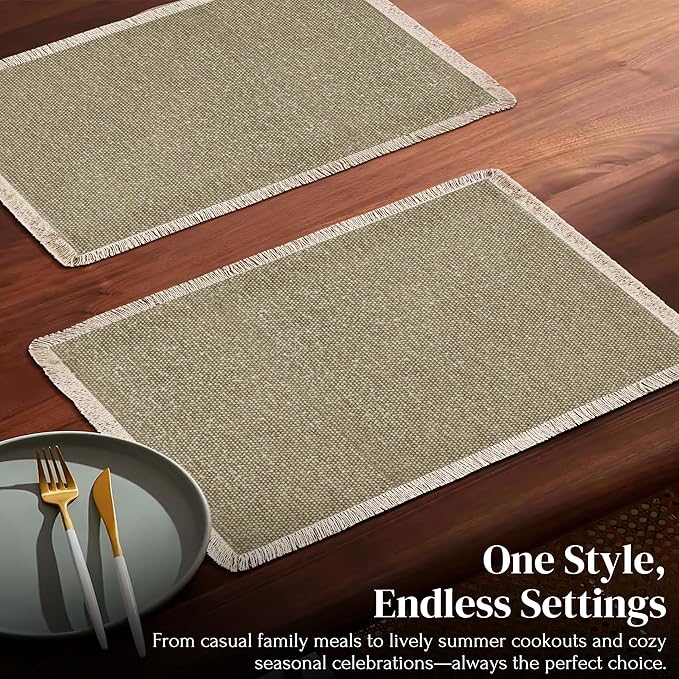 Hausattire Cotton Frayed Placemats Set of 4 Dining Table 13x19 Inch | Rustic Farmhouse Boho Washable Easter Placemat for Outdoor Parties BBQ's Wedding, Special Occasions, Nubby Cotton - Taupe