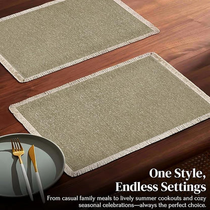 Hausattire Cotton Frayed Placemats Set of 4 Dining Table 13x19 Inch | Rustic Farmhouse Boho Washable Easter Placemat for Outdoor Parties BBQ's Wedding, Special Occasions, Nubby Cotton - Taupe