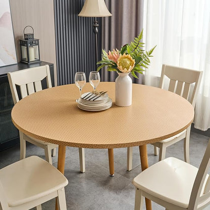 LIBERECOO Round Fitted Tablecloth with Elastic, Waterproof Vinyl with Flannel Backing, Plain Weaves Pattern Wipeable Plastic Table Cloth for Kitchen and Dining Room, Fits 45"-56" Round