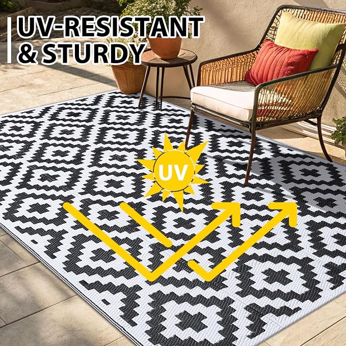 Smiry Outdoor Rug 6x9 ft Waterproof Reversible Boho Mat, Black & White | Polypropylene Plastic Straw, Quick Drying, Lightweight Foldable, for Patio, Deck, RV Camping, Backyard and Indoor Outdoor Use