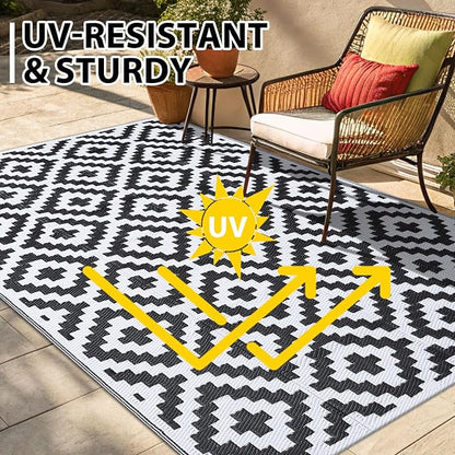 Smiry Outdoor Rug 6x9 ft Waterproof Reversible Boho Mat, Black & White | Polypropylene Plastic Straw, Quick Drying, Lightweight Foldable, for Patio, Deck, RV Camping, Backyard and Indoor Outdoor Use