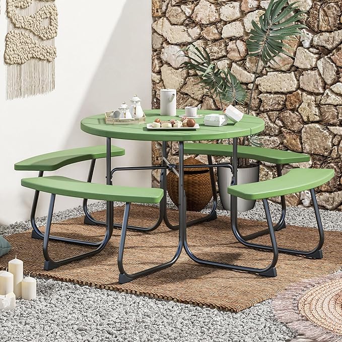 COSTWAY Round Picnic Table with Umbrella Hole, Outdoor Picnic Table with Bench Set for 4-8 People, HDPE Tabletop, Patio Dining Furniture Set for Family Gatherings, BBQ Party, Backyard (Green)