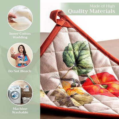 Maison d' Hermine Pot Holders Set 100% Cotton Heat Resistant Potholders 8" x 8" Hot Pads with Loop for Thanksgiving Christmas Decorations BBQ Cooking Baking Handling Hot Pans (Pack of 2, Potiron)